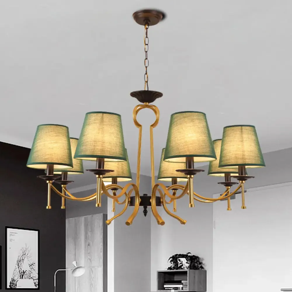 Blackish Green/Flaxen 6/8-Light Chandelier - Retro Fabric Shade with Curvy Metal Arm