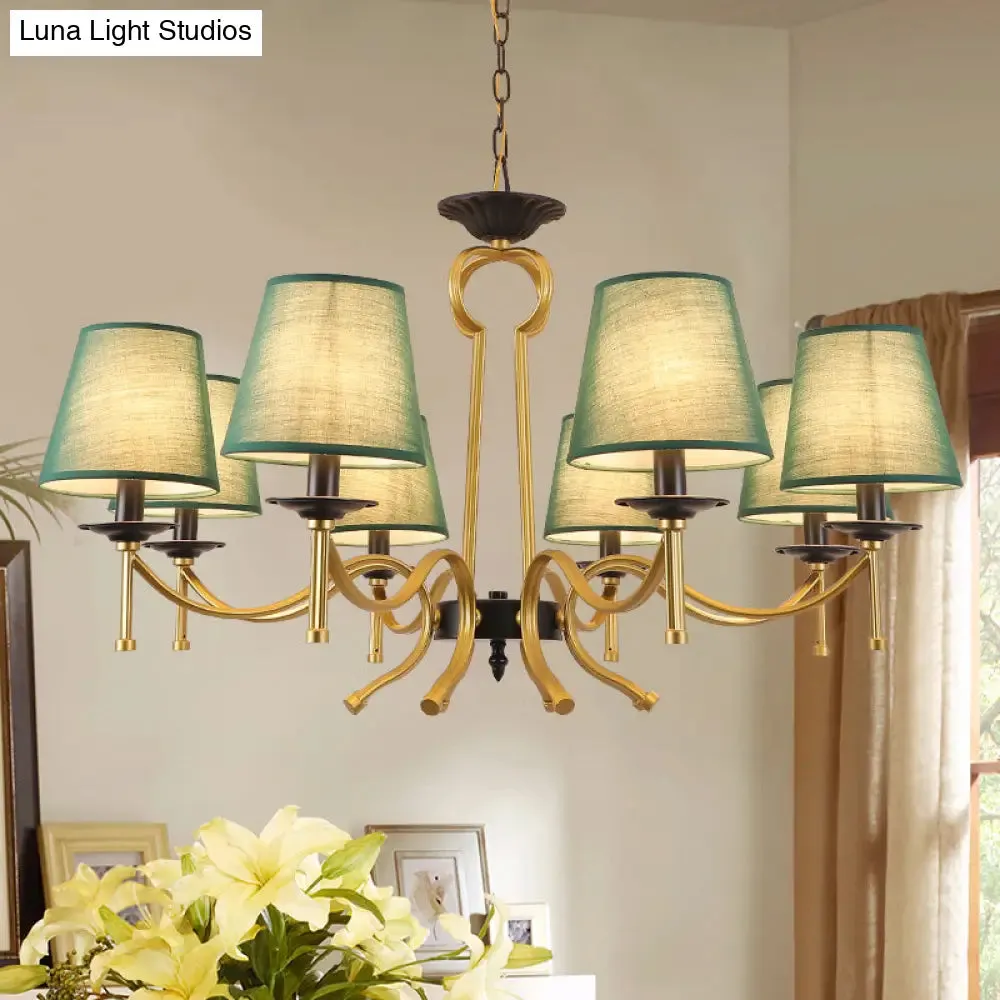 Blackish Green/Flaxen 6/8-Light Chandelier - Retro Fabric Shade with Curvy Metal Arm