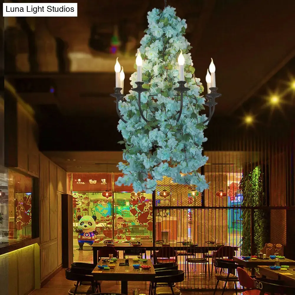 Blue LED Candle Restaurant Chandelier with Industrial Metal Frame - 8 Bulbs, Flower Decor - Pendant Lighting for Ceiling