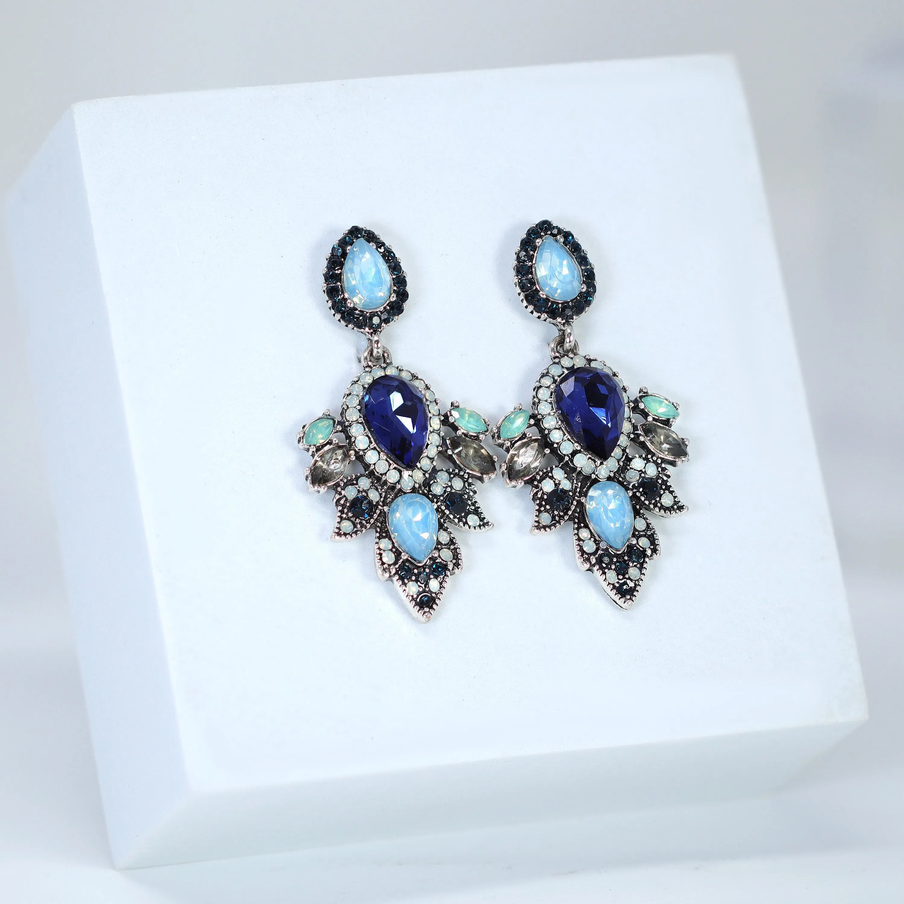 Blue Skies In Royal Chandelier : Rhinestone Statement Earrings , Something Blue Earrings, Long Bridal Jewelry, Crystal Bridal Earrings