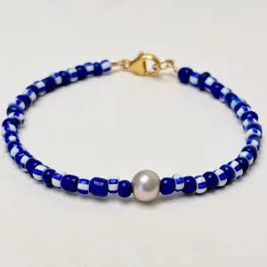 blue solid blue stripe silver pearl bracelet