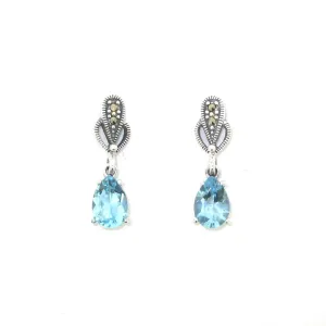 Blue Topaz Earrings Teardrop Silver Marcasite