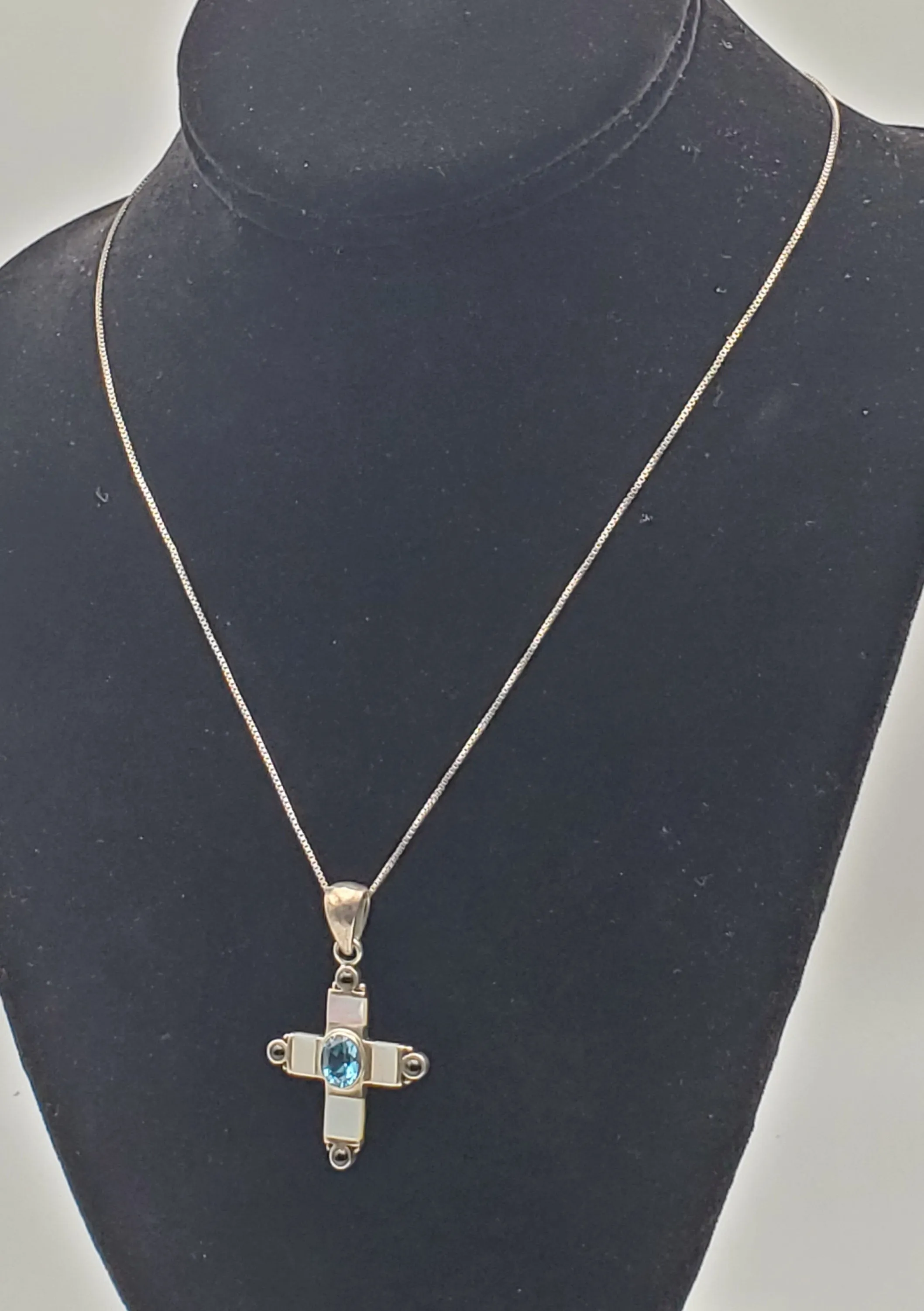 Blue Topaz, Mother of Pearl, Enamel Cross Pendant on Sterling Silver Chain Necklace - 18"