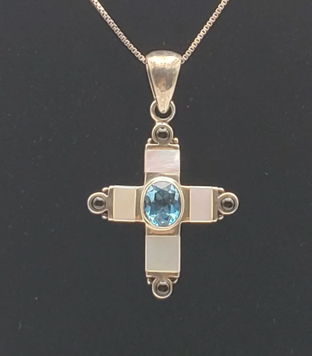 Blue Topaz, Mother of Pearl, Enamel Cross Pendant on Sterling Silver Chain Necklace - 18"