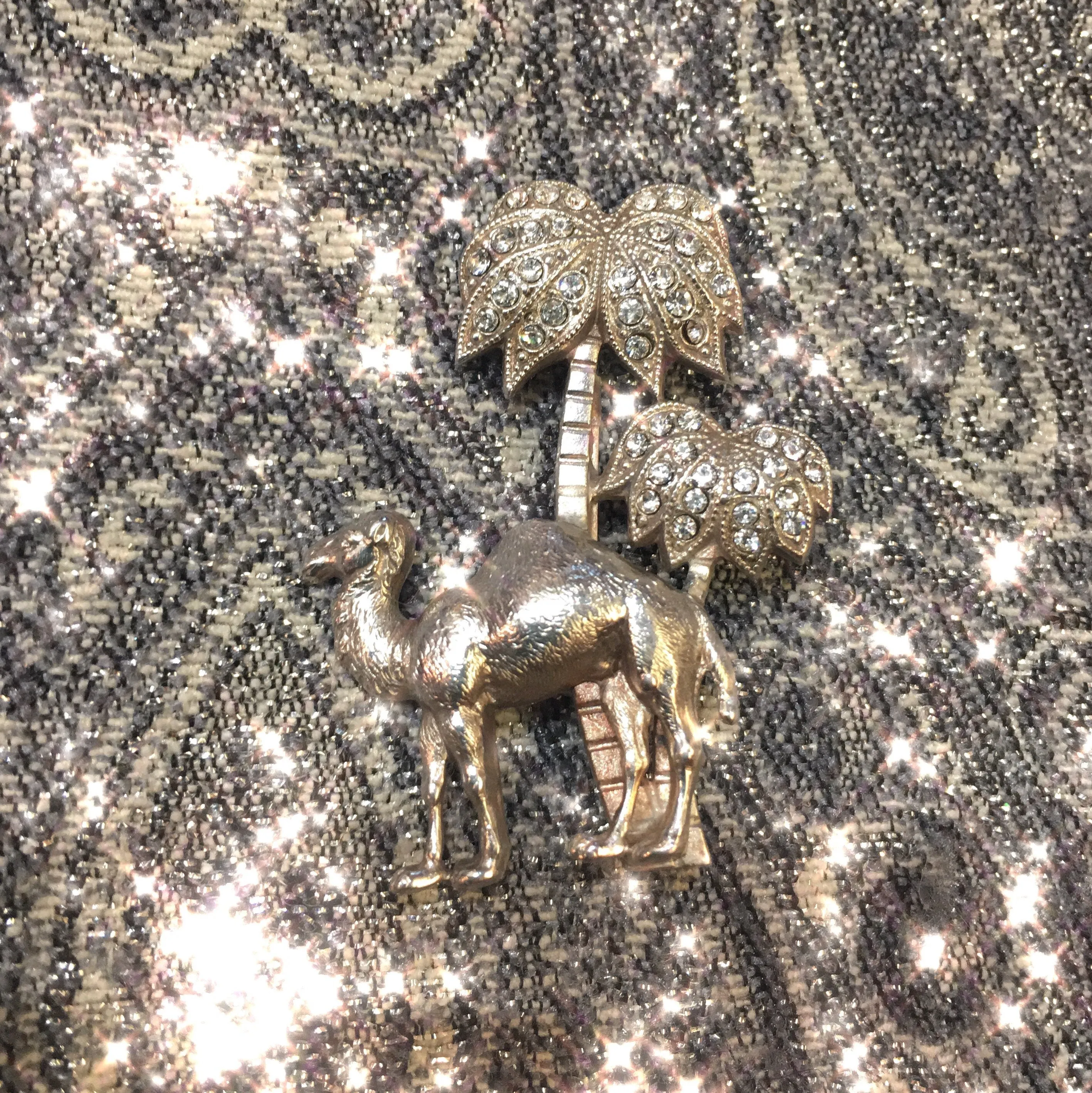 Camel with palm trees sparkly silver brooch