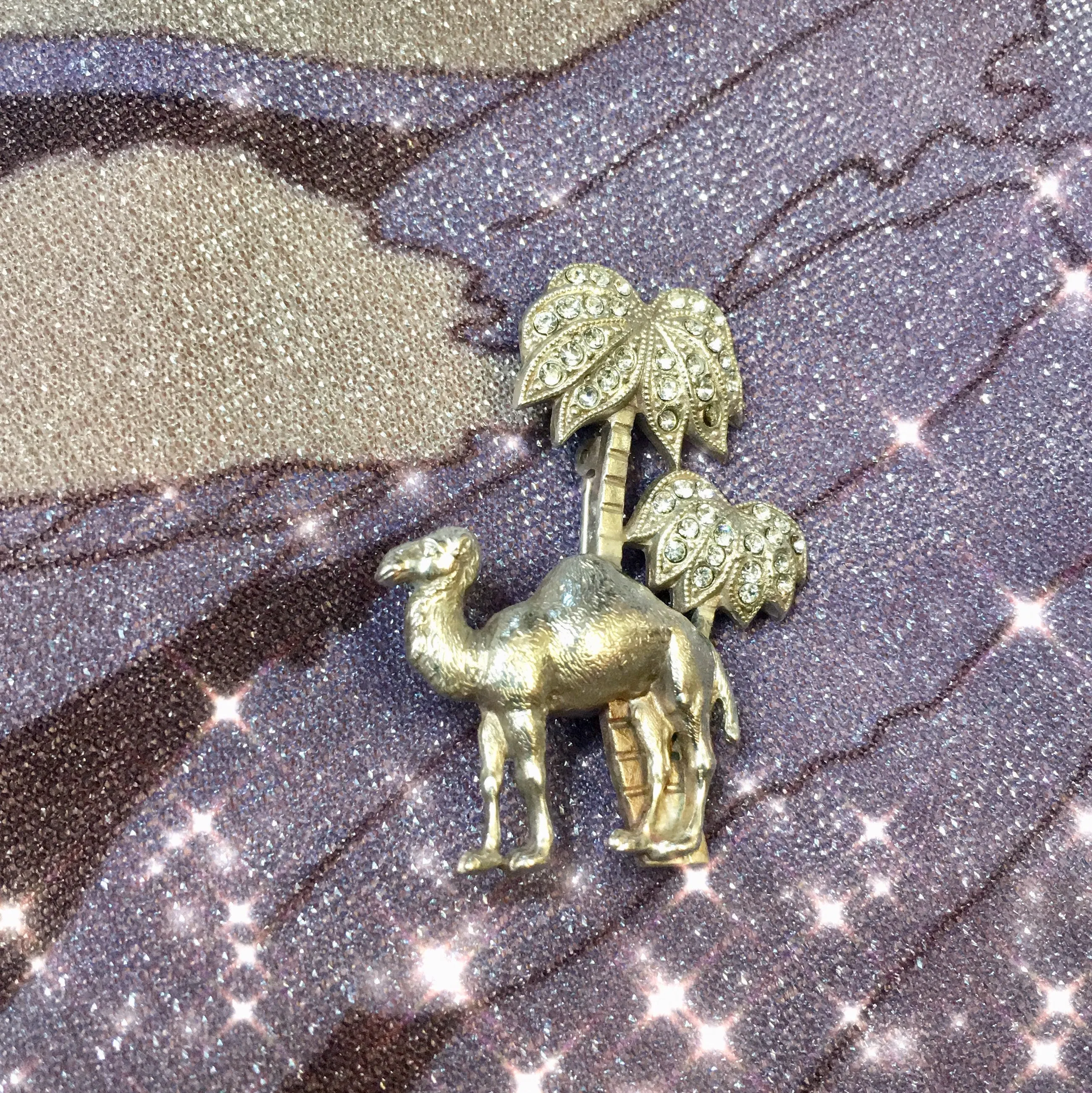 Camel with palm trees sparkly silver brooch