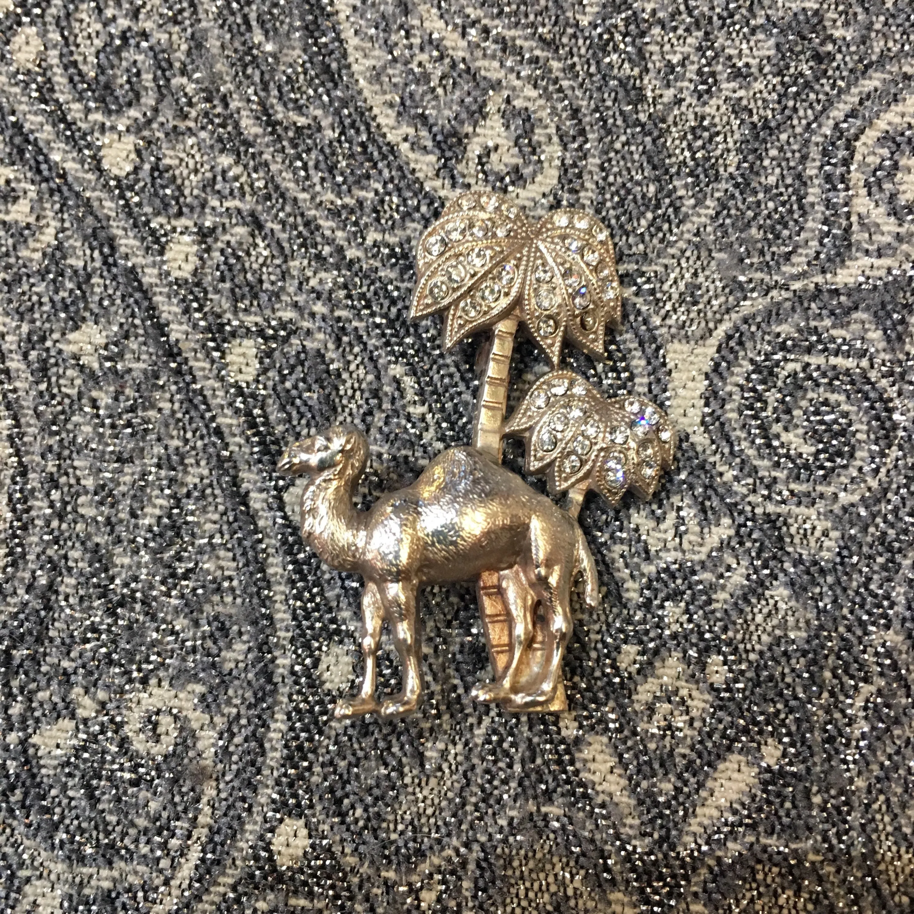 Camel with palm trees sparkly silver brooch