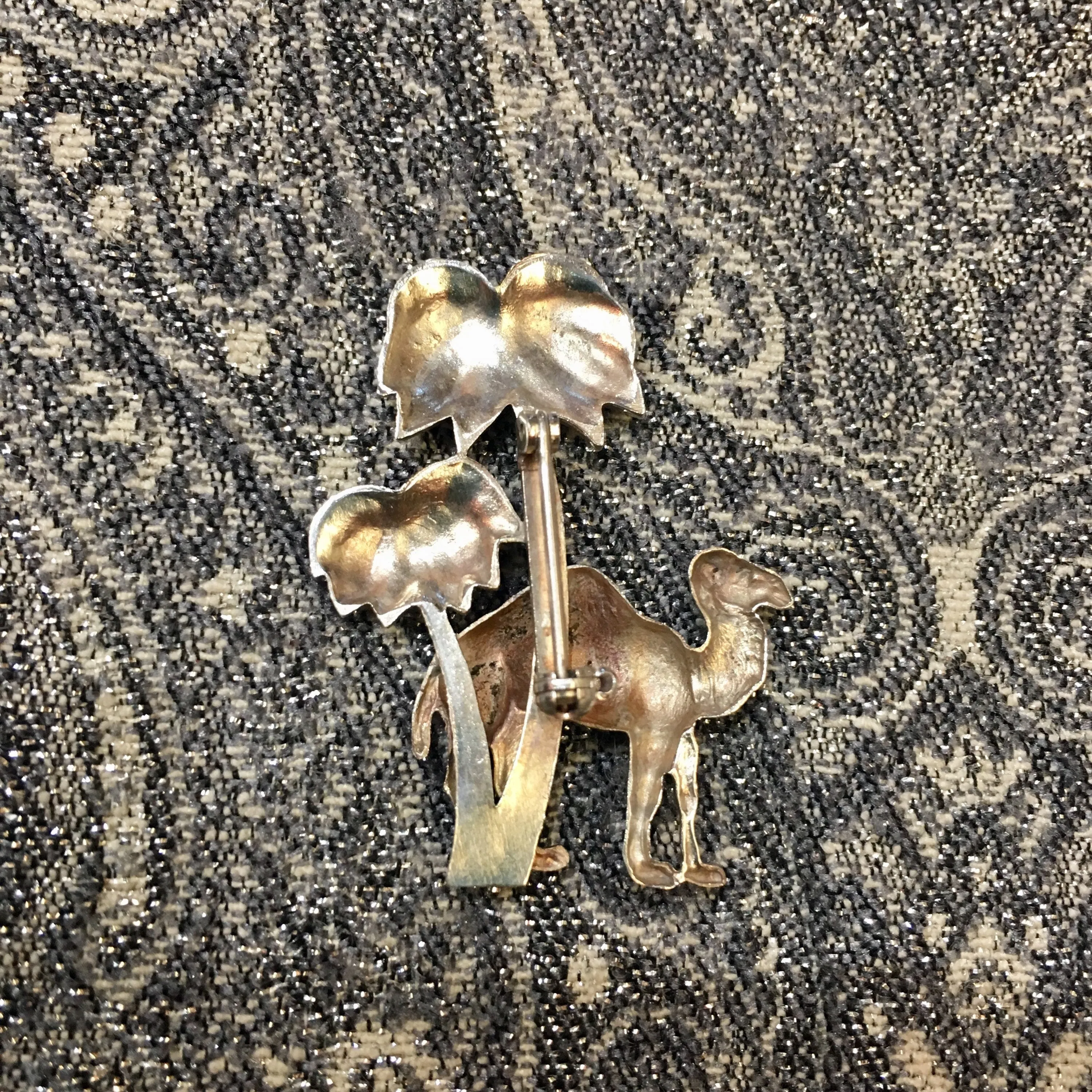 Camel with palm trees sparkly silver brooch