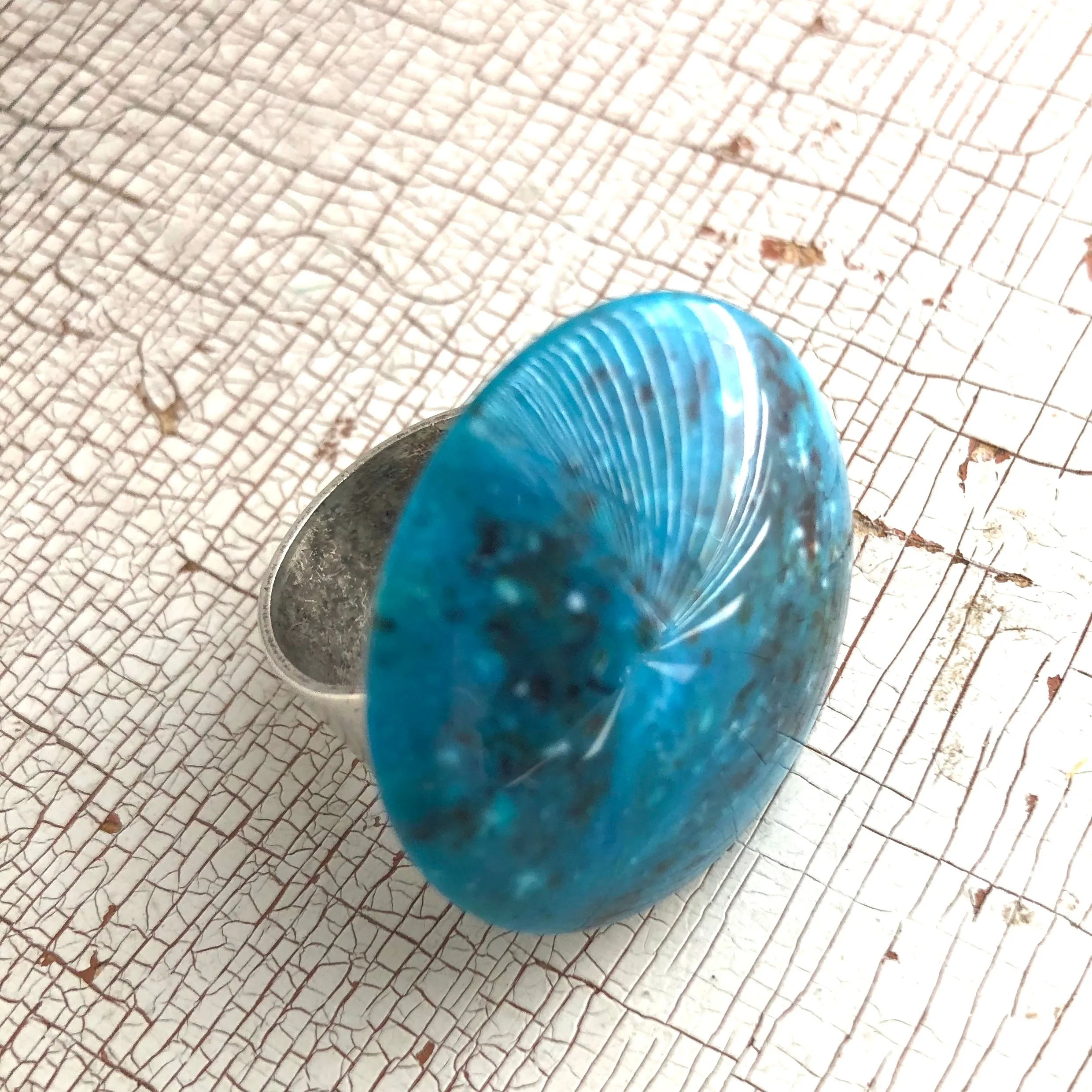 Capri Blue Speckled Granite Lucite Silver Cocktail Ring