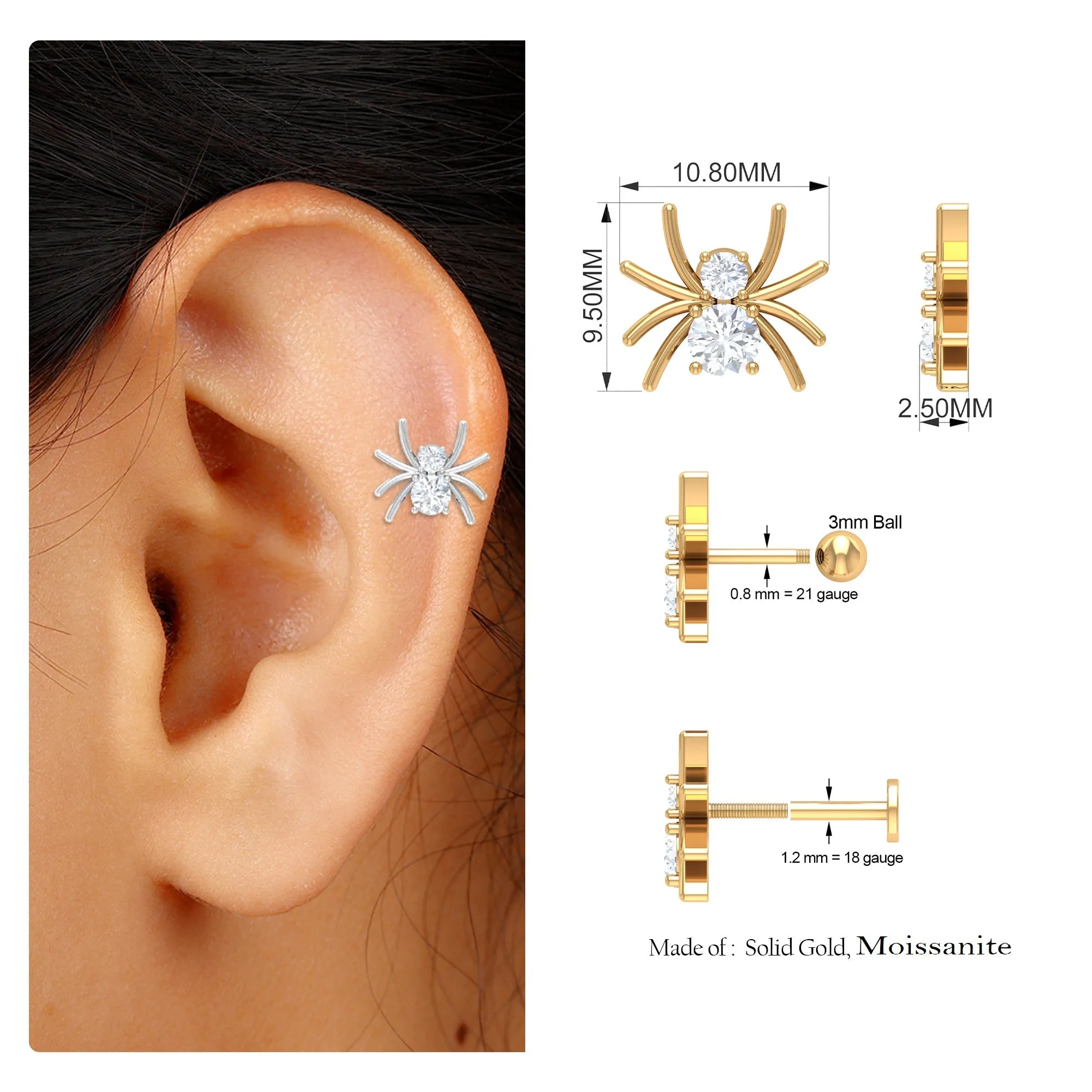 Certified Moissanite Cute Spider Helix Earring