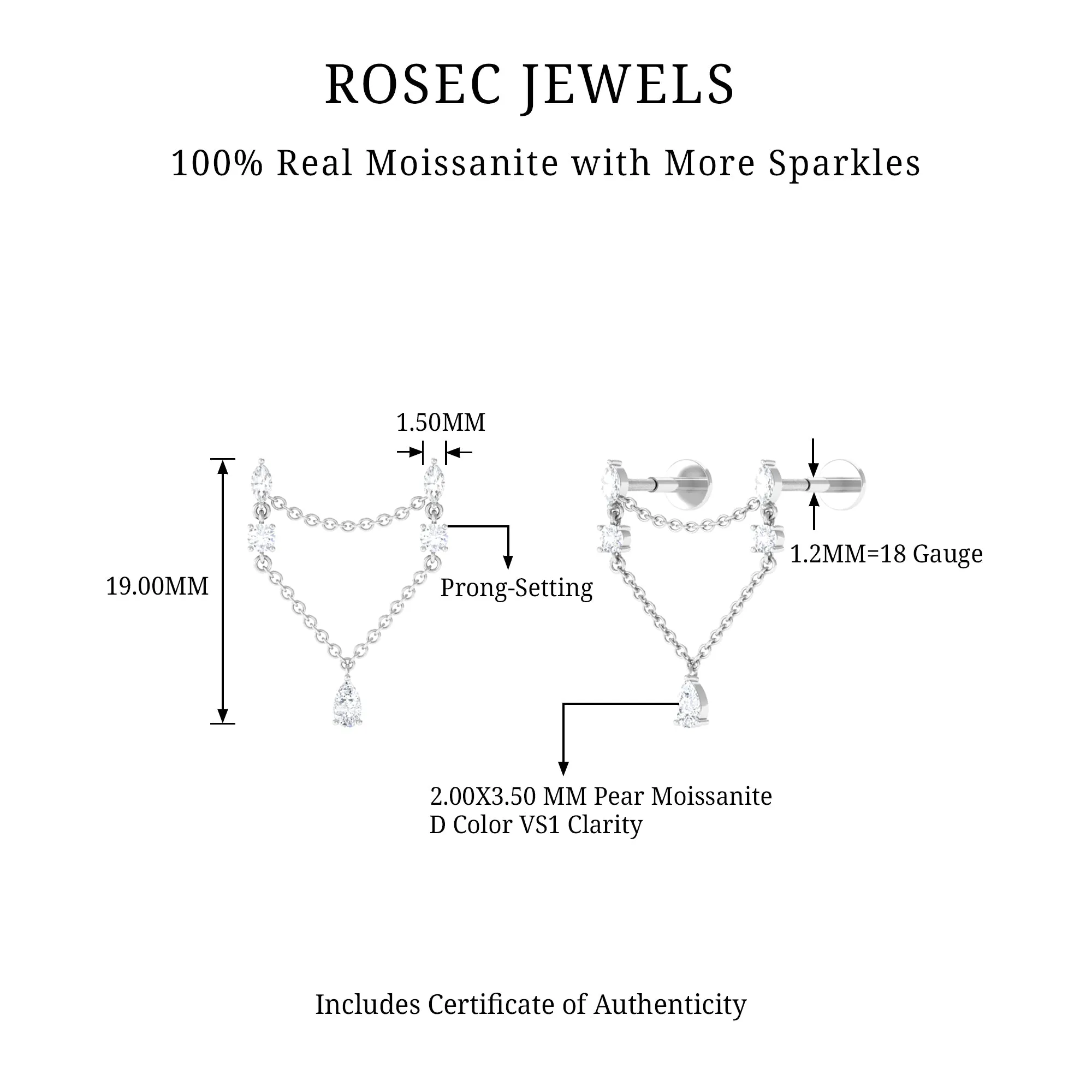 Certified Moissanite Double Piercing Earring with Chain