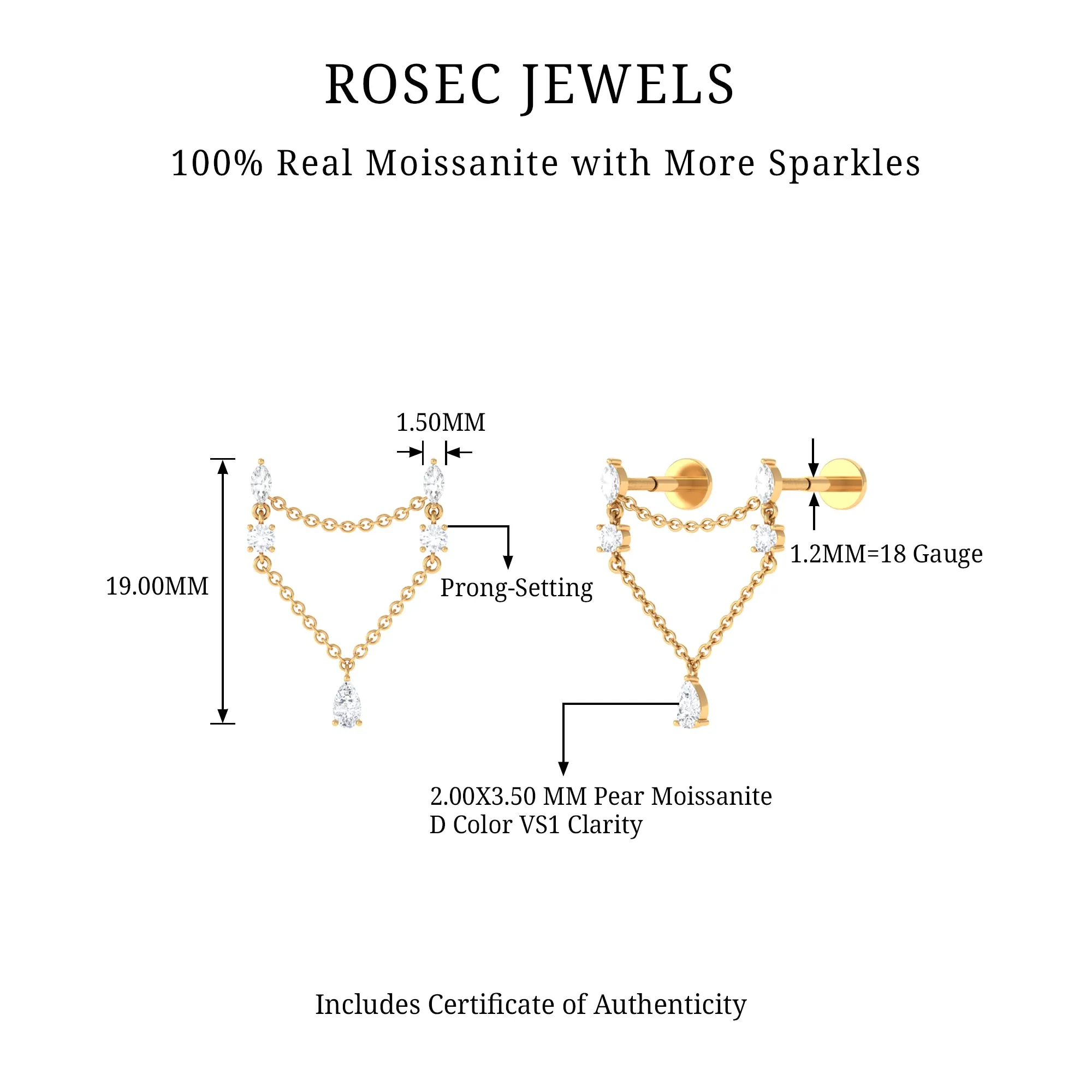 Certified Moissanite Double Piercing Earring with Chain