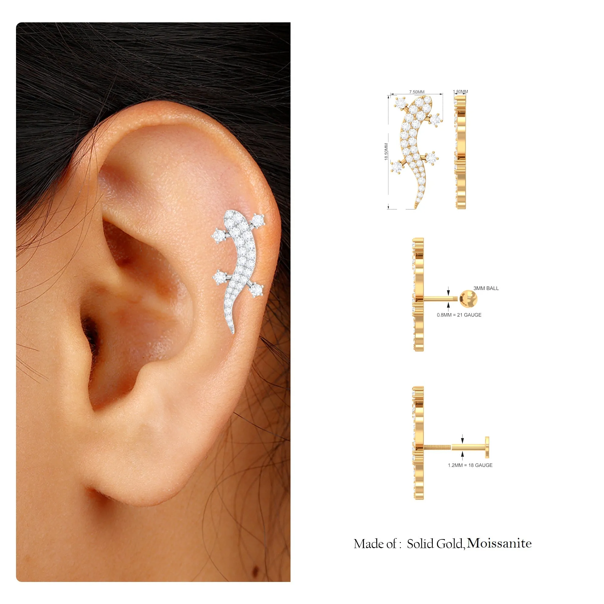 Certified Moissanite Lizard Crawler Earring for Helix Piercing