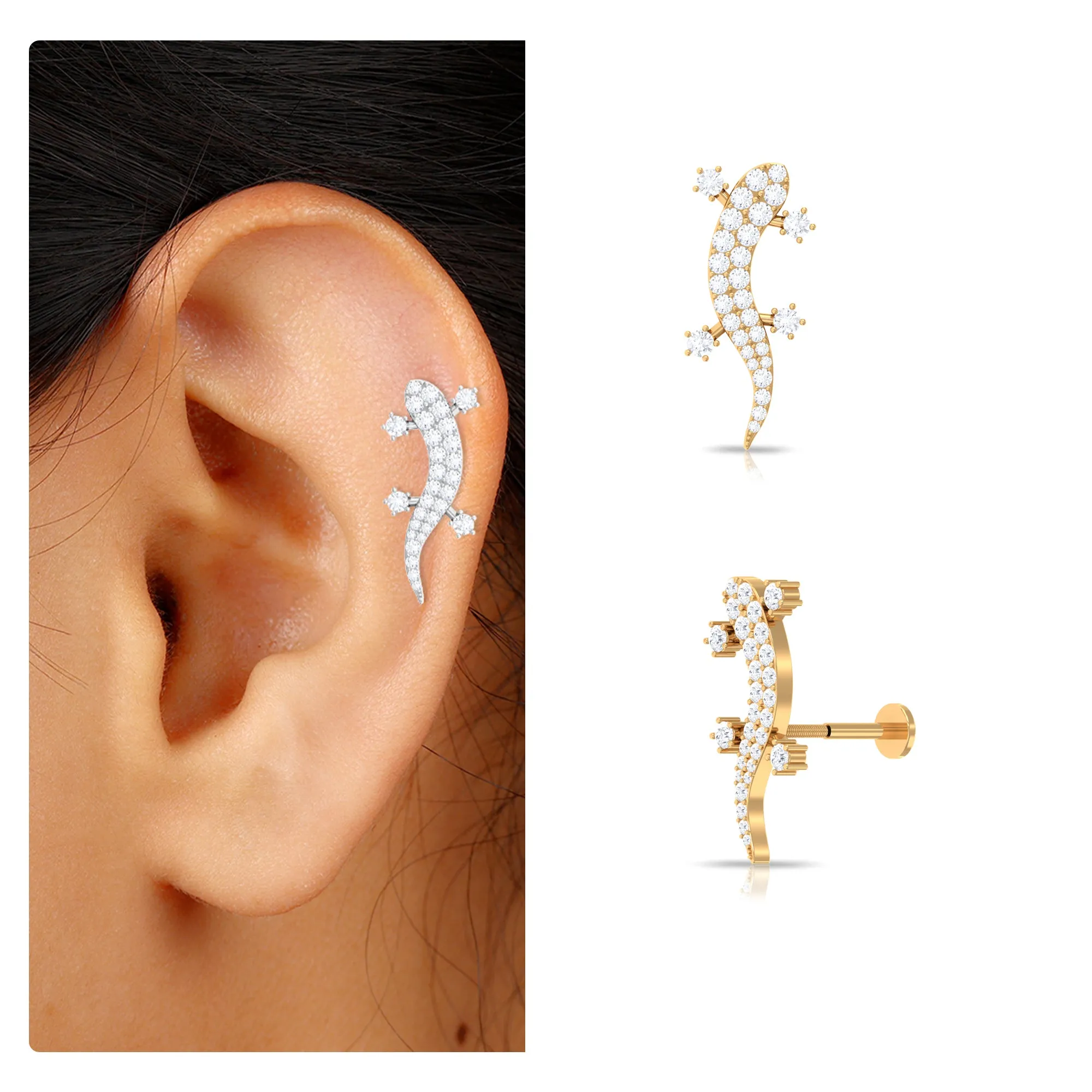 Certified Moissanite Lizard Crawler Earring for Helix Piercing