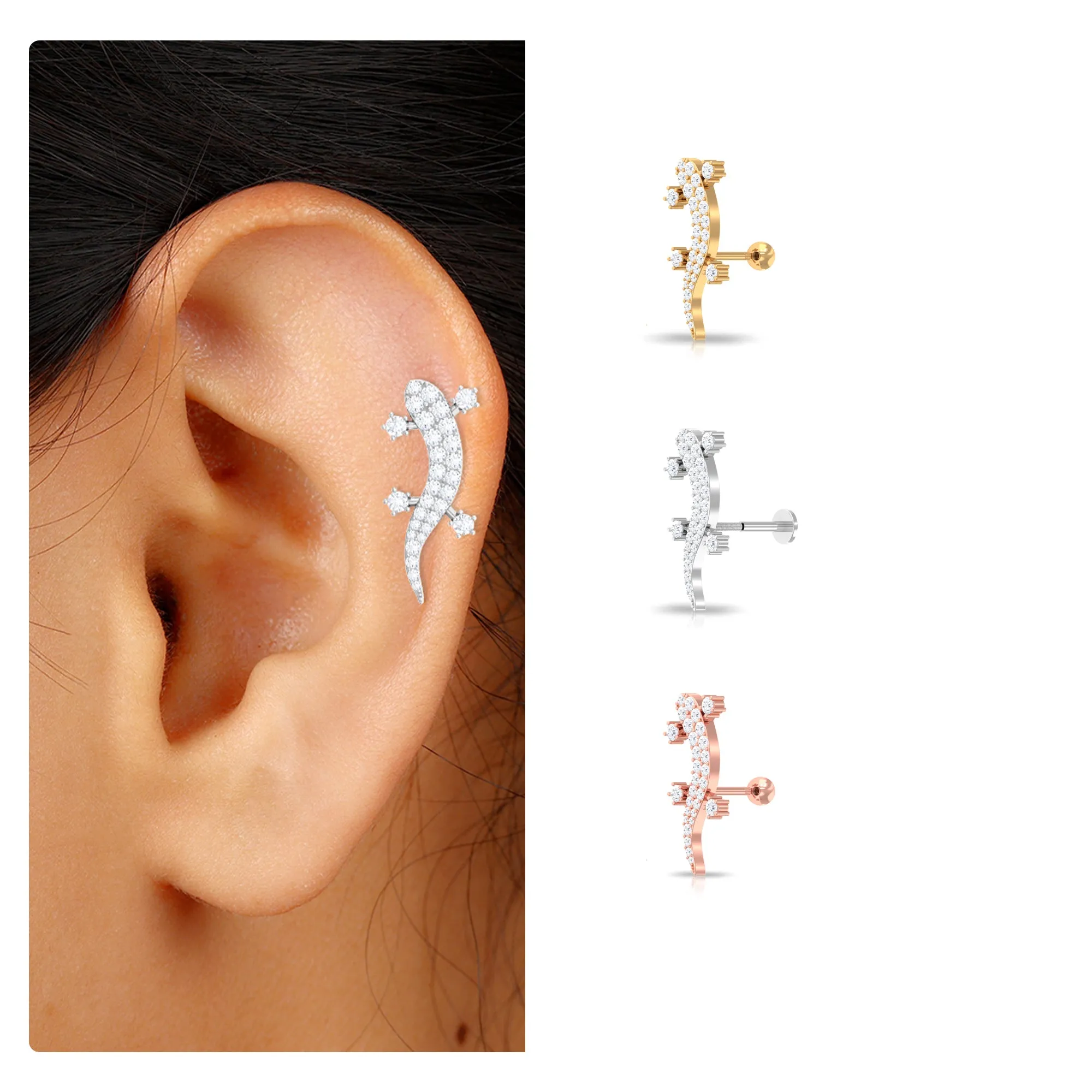 Certified Moissanite Lizard Crawler Earring for Helix Piercing