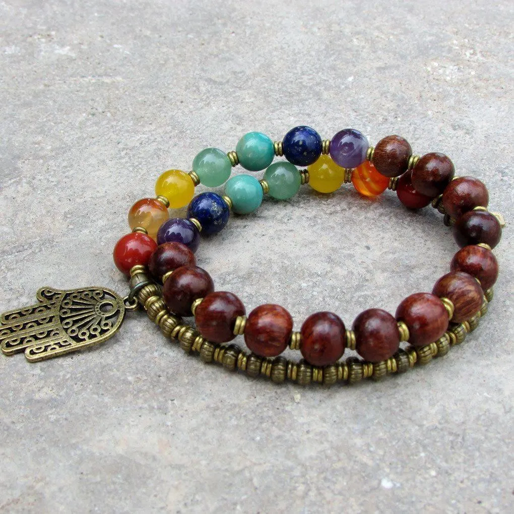 Chakra Bracelet, Genuine Gemstones and Wood 27 Bead Mala Wrap Chakra Bracelet