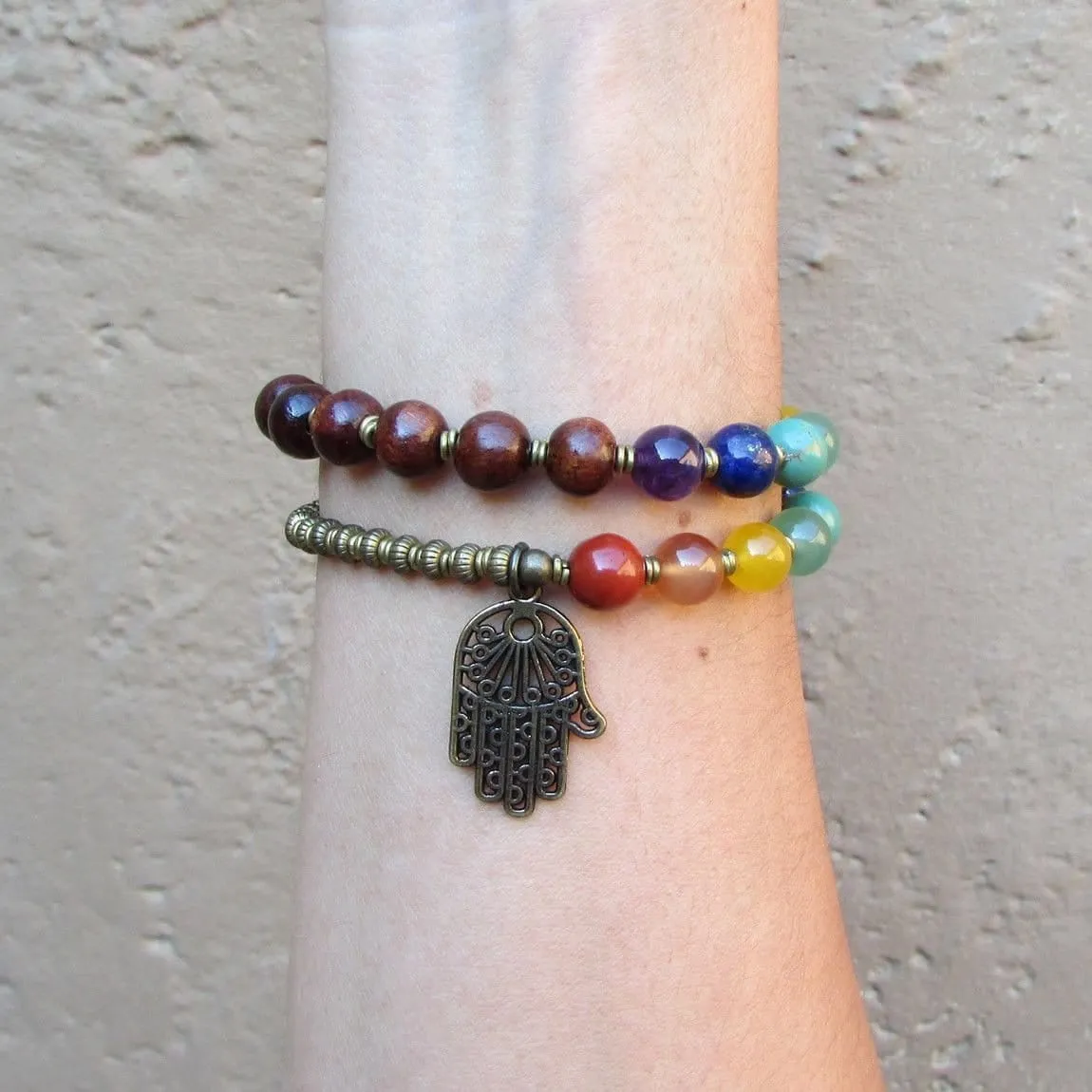 Chakra Bracelet, Genuine Gemstones and Wood 27 Bead Mala Wrap Chakra Bracelet