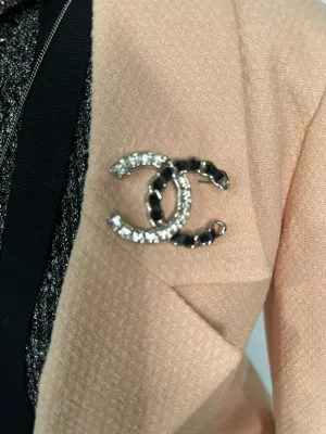 Chanel 2018 Black Woven Lambskin CC Crystal Baguette Pin Brooch