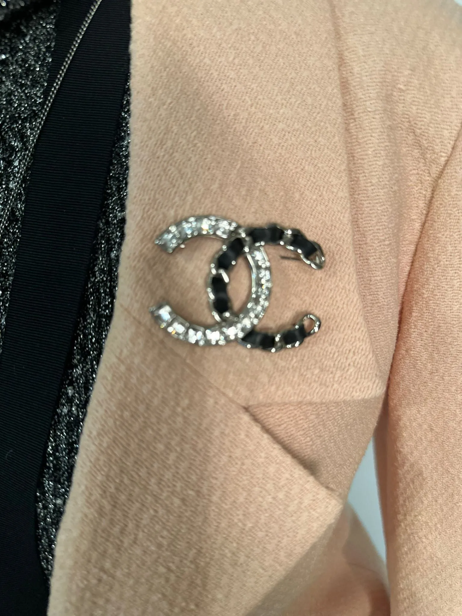 Chanel 2018 Black Woven Lambskin CC Crystal Baguette Pin Brooch