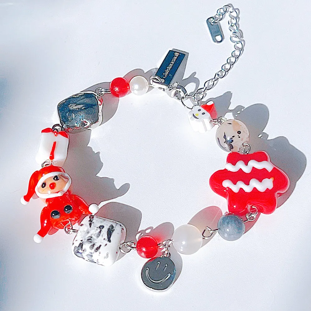 Christmas Santa Jewelry Handmade Charm Bracelet with Murano Glass Gemstones