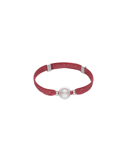 Circa Adjustable magenta elastic bracelet of silver threads with Simulated Organic White Round Pearl of 10mm.