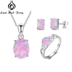 Classic Jewelry Sets for Women Created Pink Opal Rings Pendant Necklaces Stud Earrings Fashion Jewelry (Lam Hub Fong)