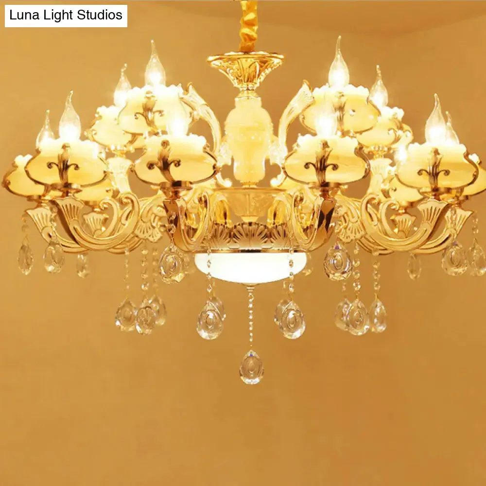 Classic White Faux Candle Chandelier for Living Room with Frosted Glass Pendant and Crystal Décor