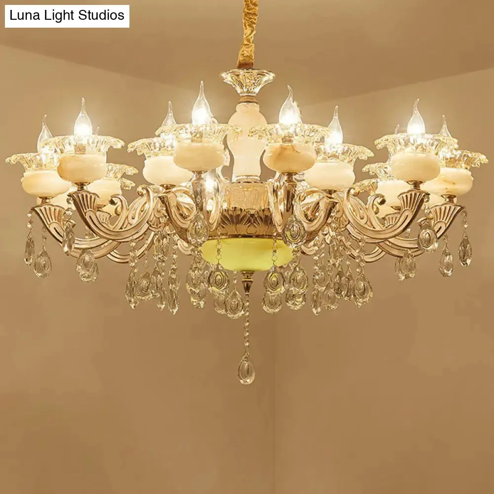 Classic White Faux Candle Chandelier for Living Room with Frosted Glass Pendant and Crystal Décor