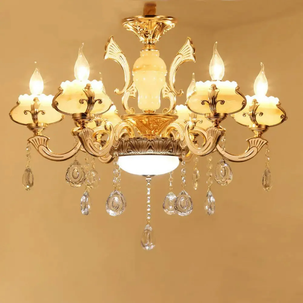 Classic White Faux Candle Chandelier for Living Room with Frosted Glass Pendant and Crystal Décor