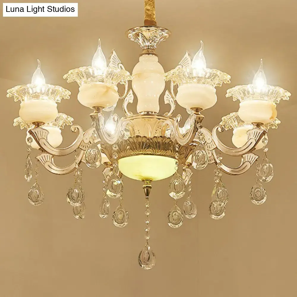 Classic White Faux Candle Chandelier for Living Room with Frosted Glass Pendant and Crystal Décor