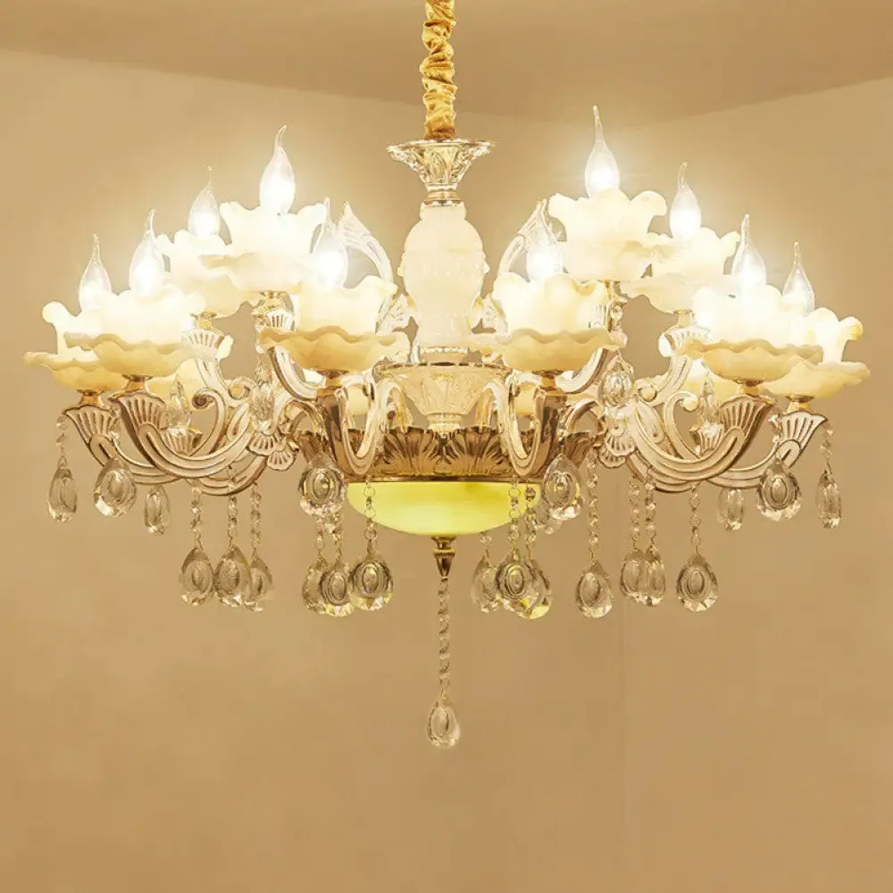 Classic White Faux Candle Chandelier for Living Room with Frosted Glass Pendant and Crystal Décor