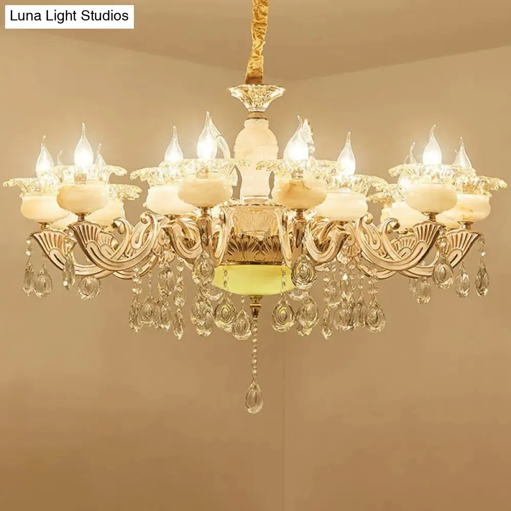 Classic White Faux Candle Chandelier for Living Room with Frosted Glass Pendant and Crystal Décor