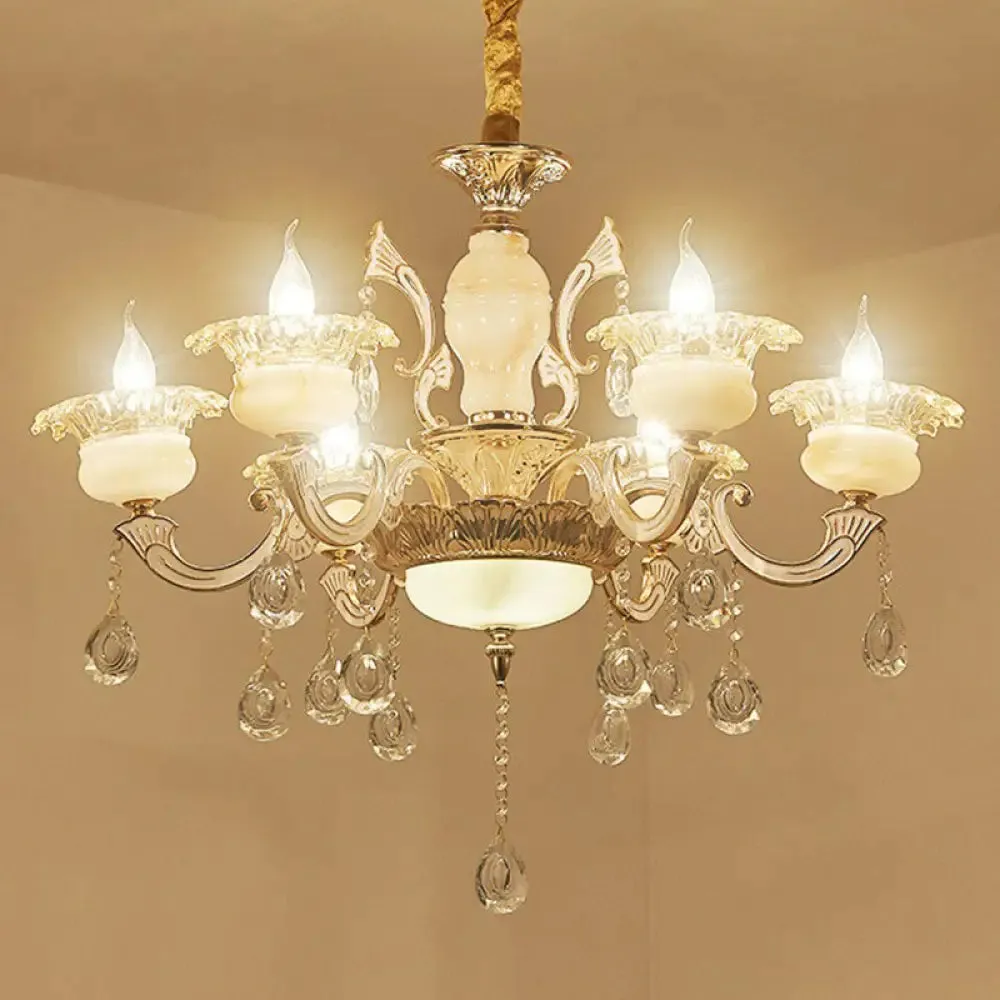 Classic White Faux Candle Chandelier for Living Room with Frosted Glass Pendant and Crystal Décor