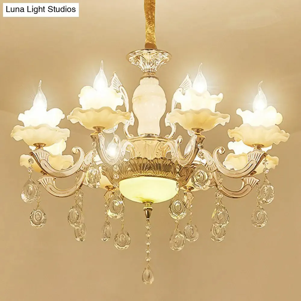 Classic White Faux Candle Chandelier for Living Room with Frosted Glass Pendant and Crystal Décor