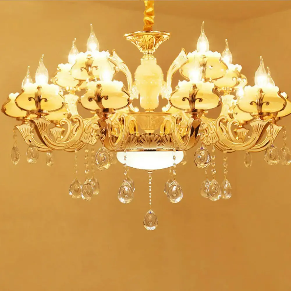 Classic White Faux Candle Chandelier for Living Room with Frosted Glass Pendant and Crystal Décor