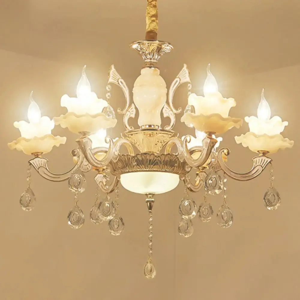 Classic White Faux Candle Chandelier for Living Room with Frosted Glass Pendant and Crystal Décor