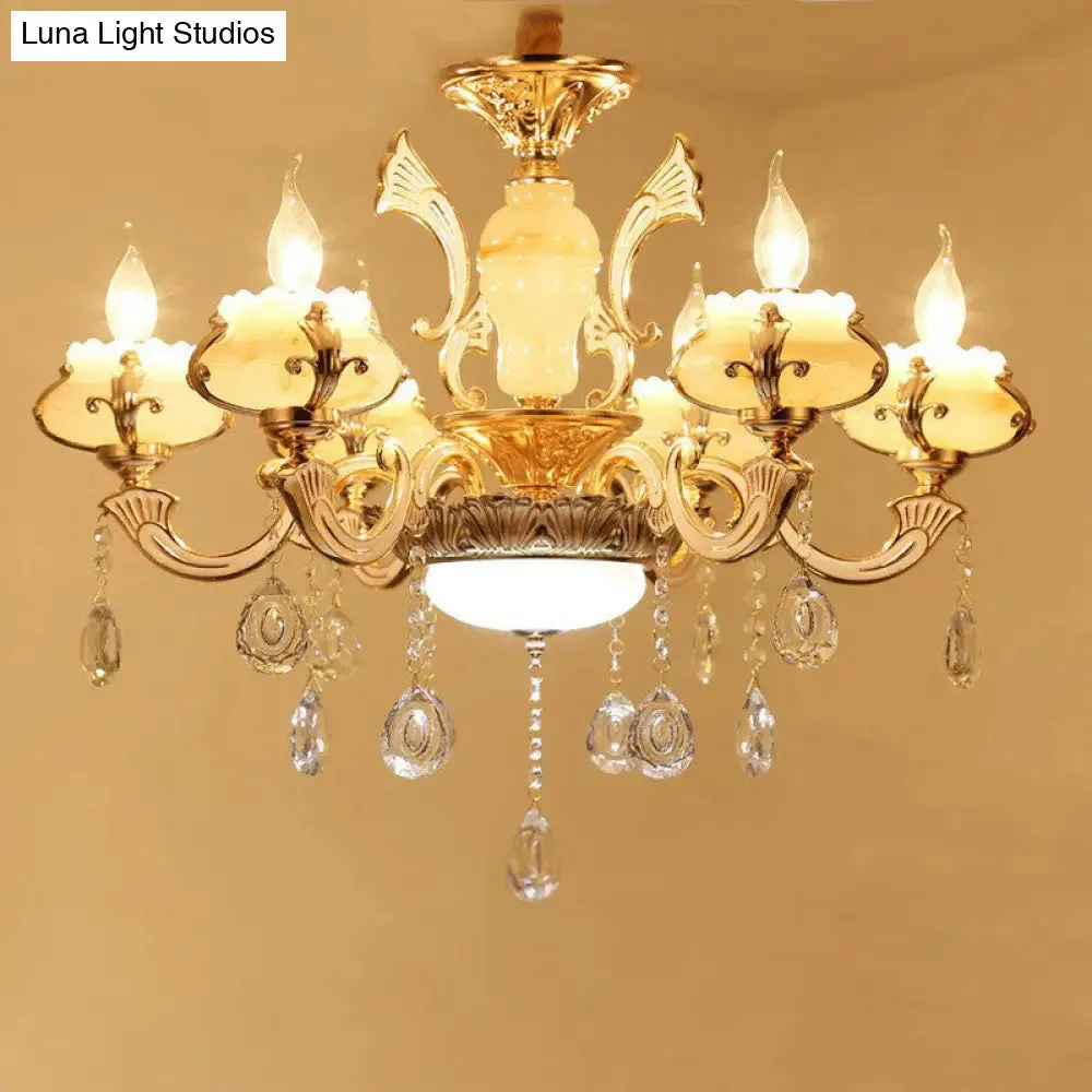 Classic White Faux Candle Chandelier for Living Room with Frosted Glass Pendant and Crystal Décor