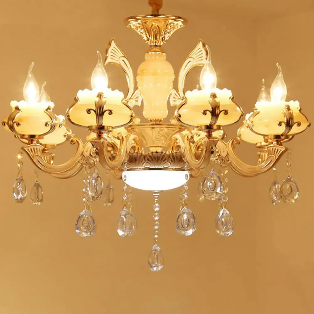 Classic White Faux Candle Chandelier for Living Room with Frosted Glass Pendant and Crystal Décor