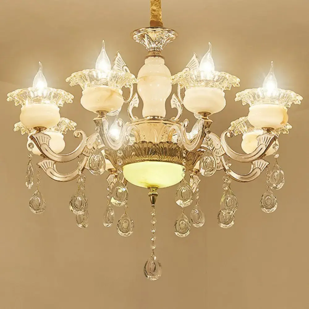 Classic White Faux Candle Chandelier for Living Room with Frosted Glass Pendant and Crystal Décor