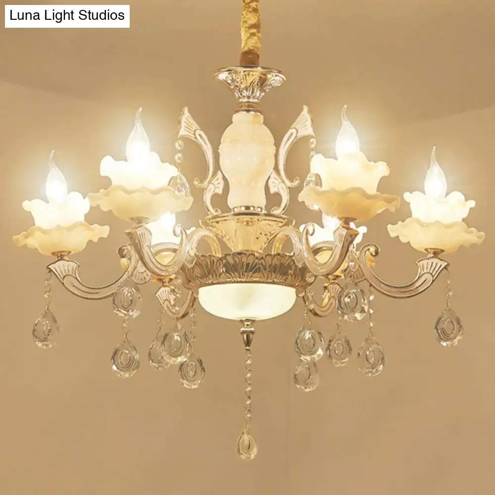 Classic White Faux Candle Chandelier for Living Room with Frosted Glass Pendant and Crystal Décor