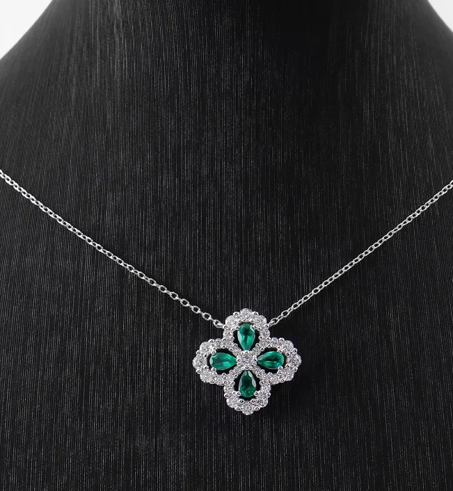 Clover Necklace, Sterling Silver Emerald Necklace, Birthday Gift, 1202