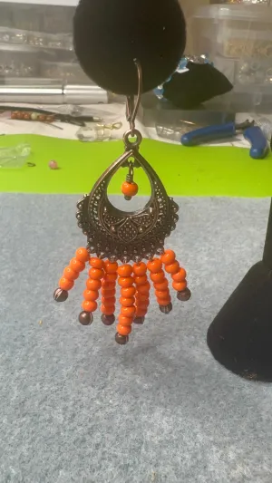 Copper Chandelier Earrings with Orange and Copper Fringe Beads