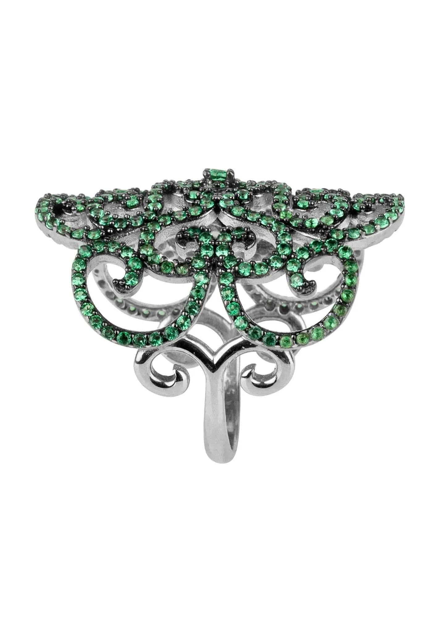 Countess Filigree Cocktail Ring Emerald Green Silver