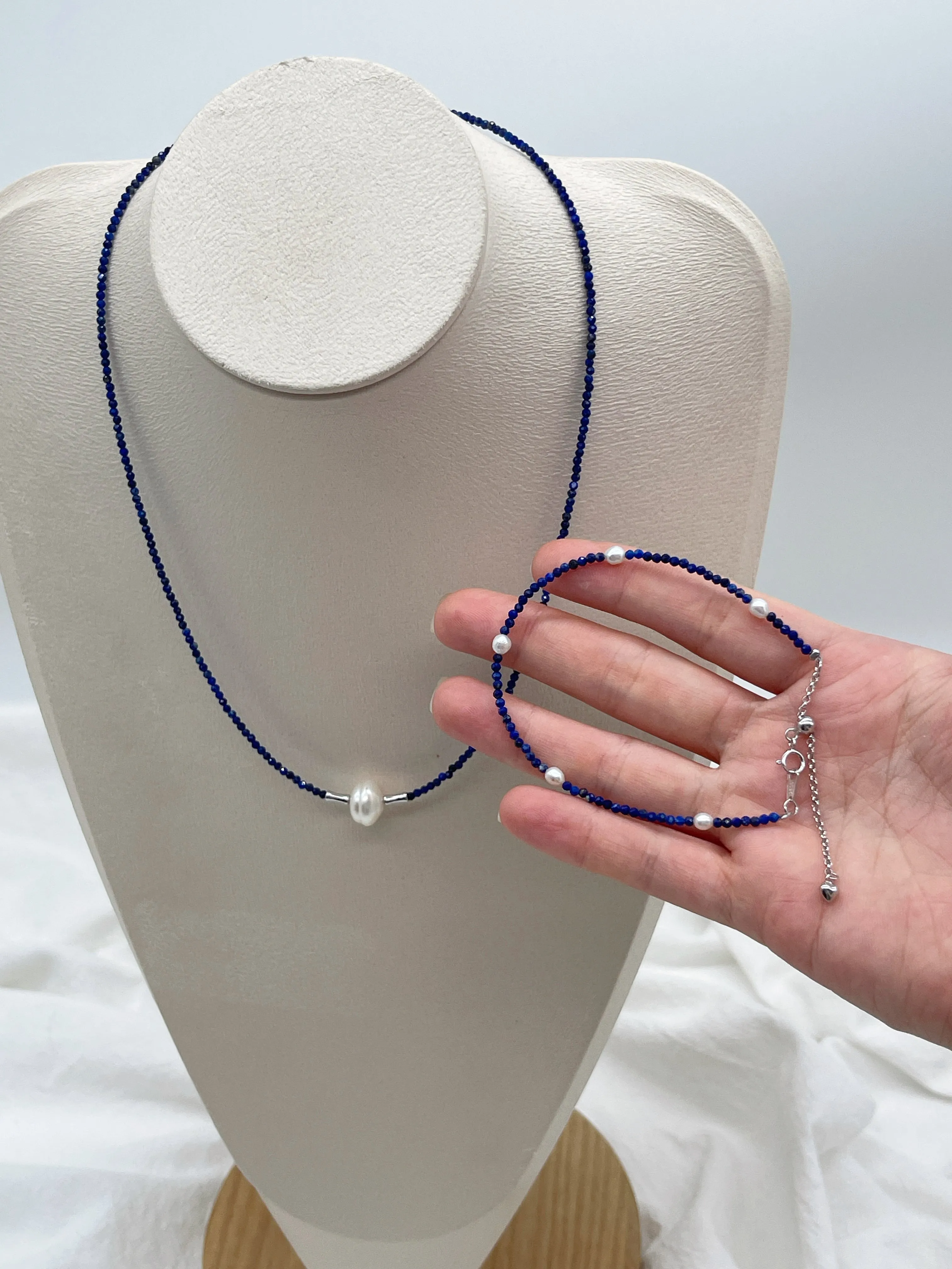 CUSTOM-MADE NECKLACE AND BRACELET WITH NATURAL LAPIS LAZULI