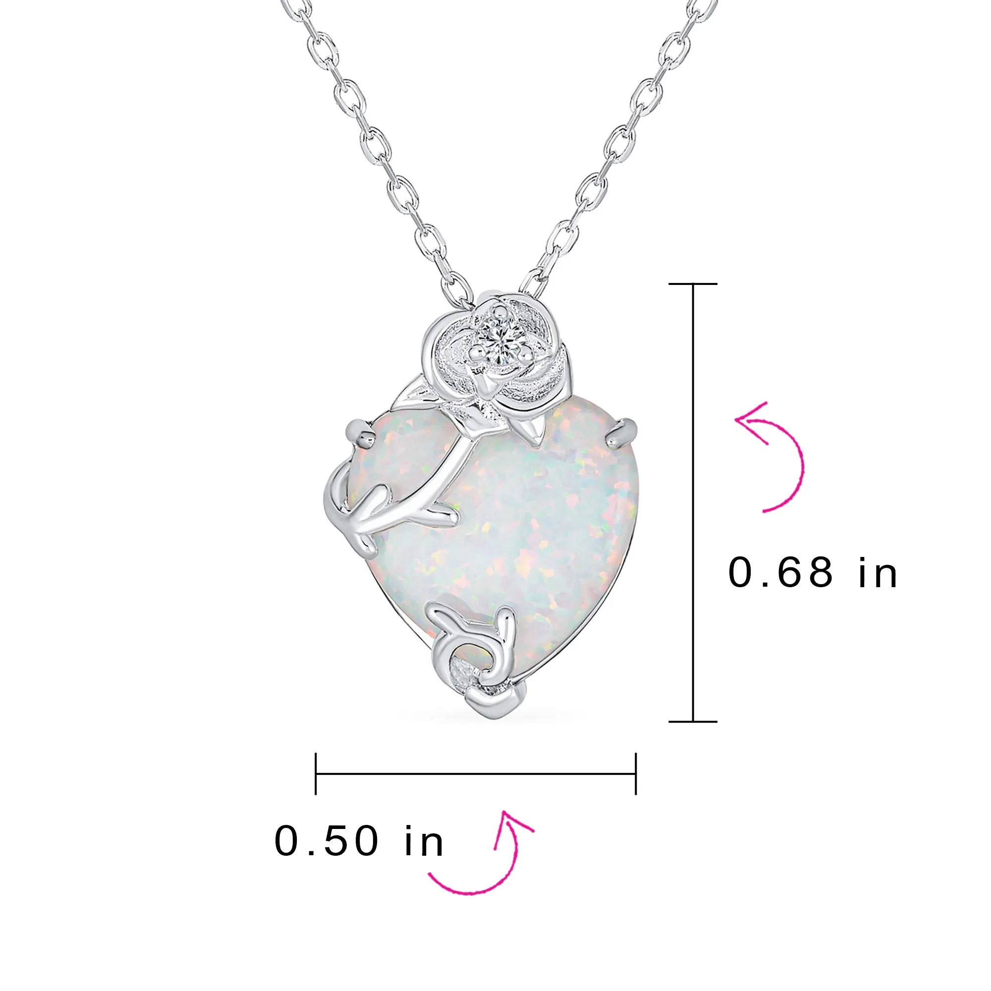 CZ Accent White Opal Heart Rose Pendant Necklace .925 Sterling Silver