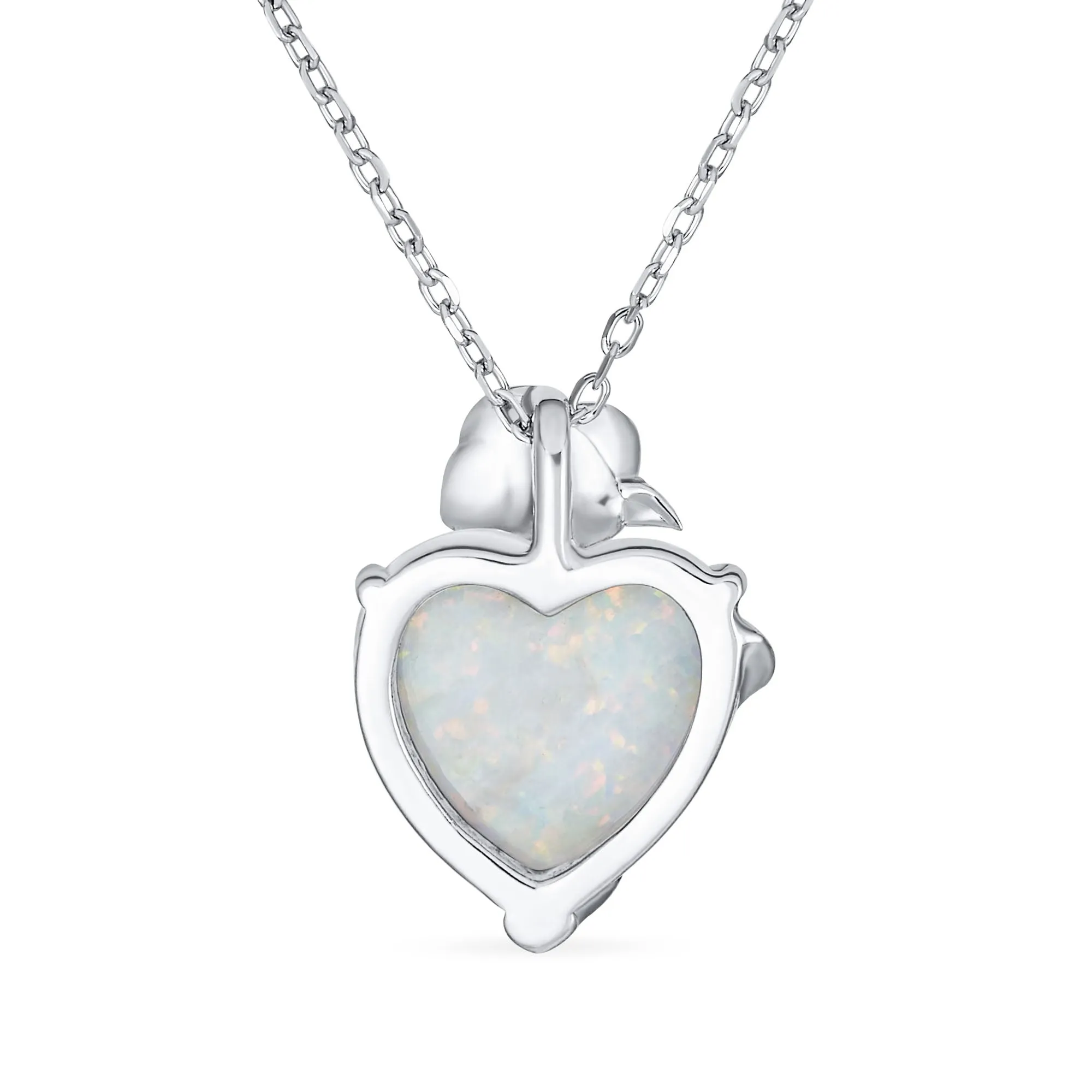 CZ Accent White Opal Heart Rose Pendant Necklace .925 Sterling Silver