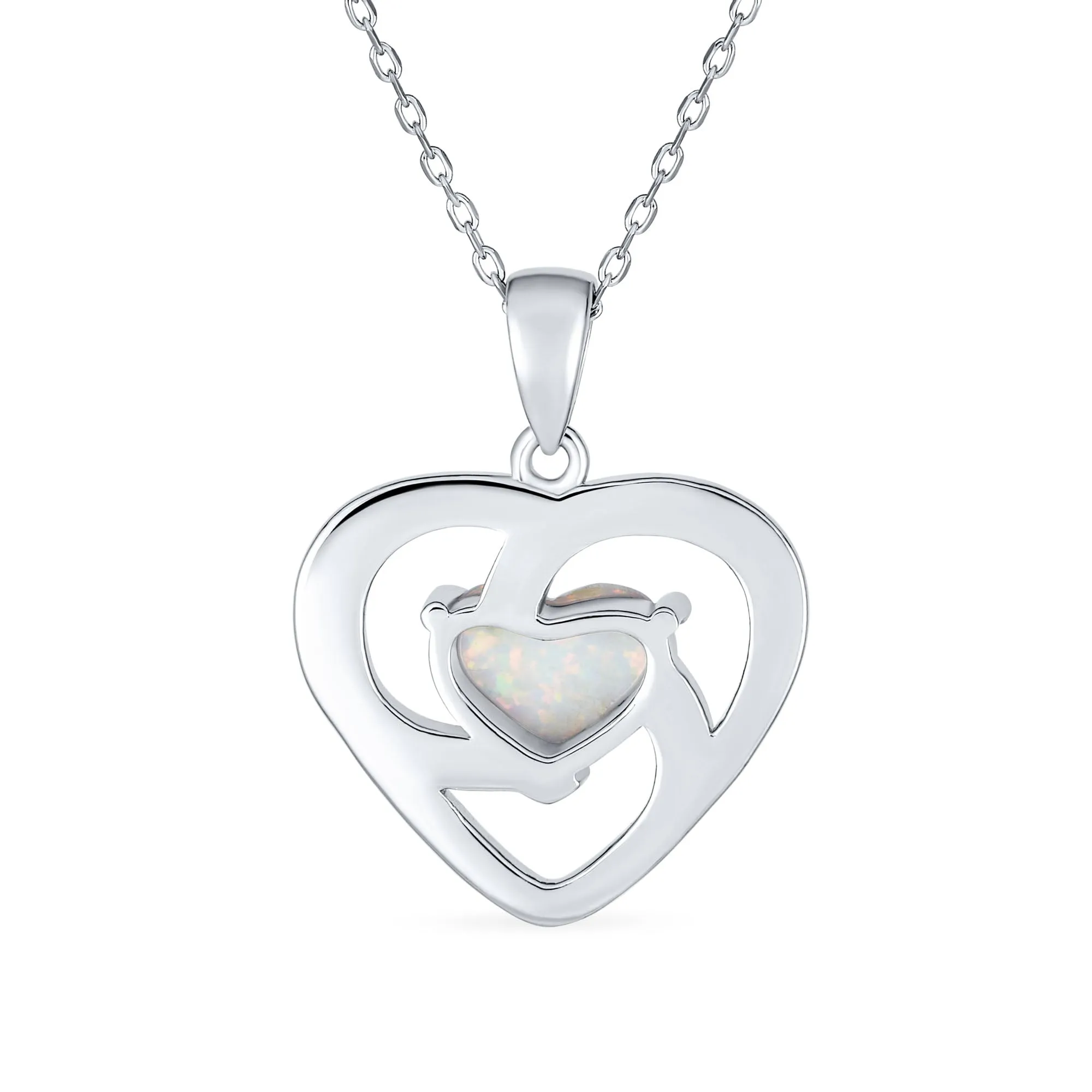 CZ Accent White Opal Heart Rose Pendant Necklace .925 Sterling Silver