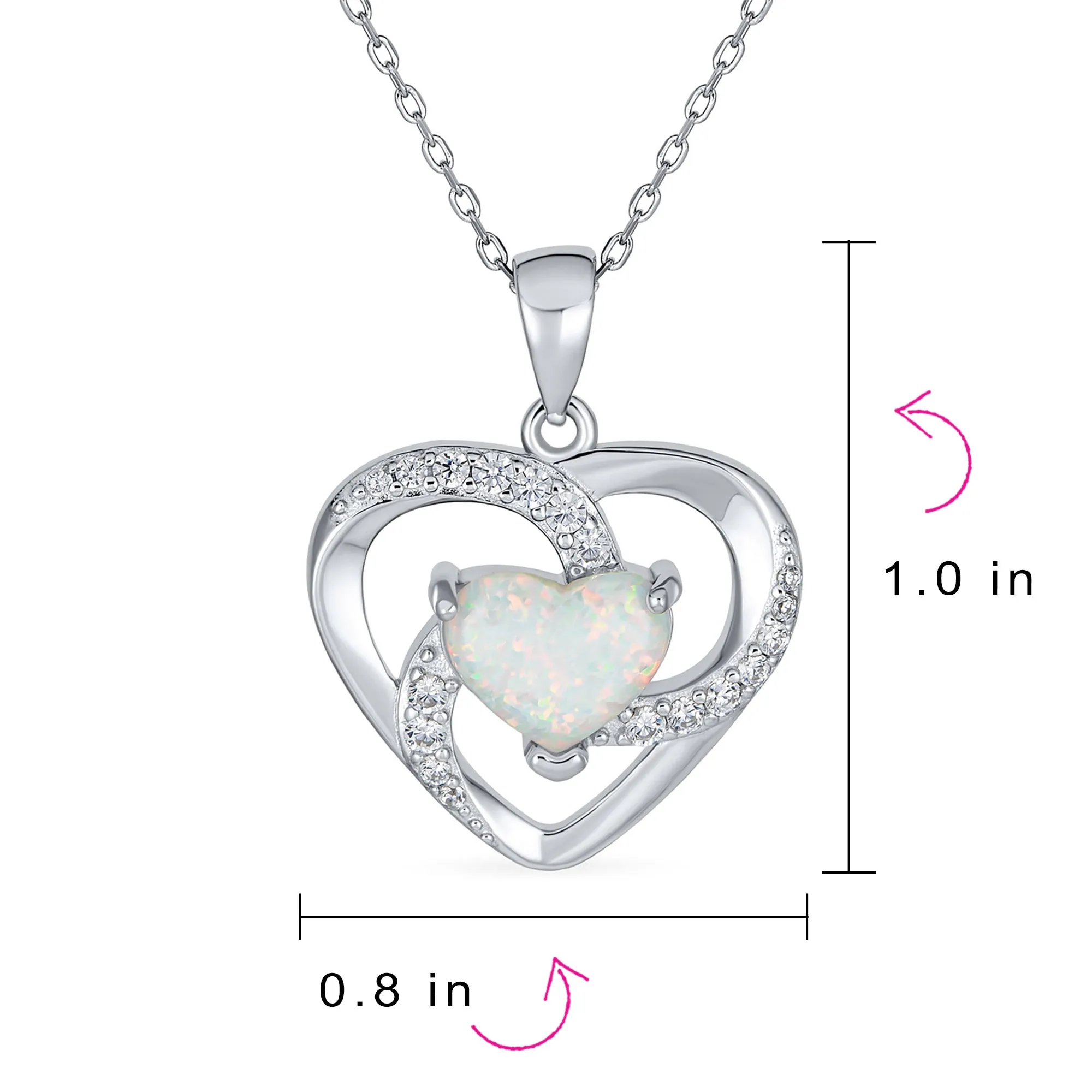 CZ Accent White Opal Heart Rose Pendant Necklace .925 Sterling Silver