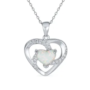 CZ Accent White Opal Heart Rose Pendant Necklace .925 Sterling Silver