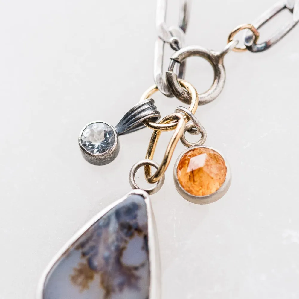 Dendritic Agate Pear Necklace with Topaz and Garnet